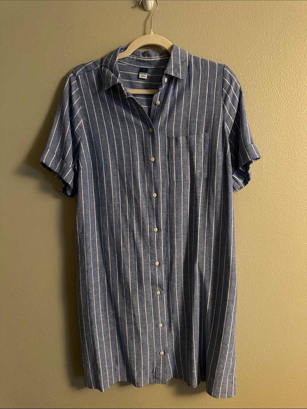 Old Navy Blue and White Vertical-Stripe Button-Down Shirt Dress